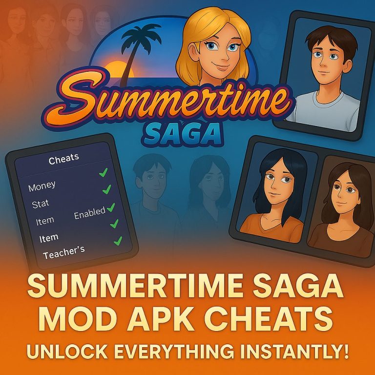 Summertime Saga cheat menu showcasing hack options like unlimited money and unlock all character