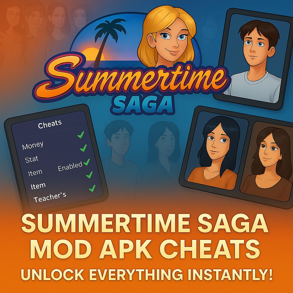 Summertime Saga Mod APK Cheats – Unlock Everything Instantly! 3 Summertime Saga cheat menu showcasing hack options like unlimited money and unlock all character